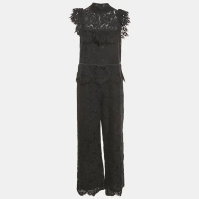 Pre-owned Ganni Black Corded Lace Ruffled Jumpsuit S