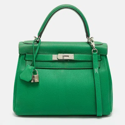 Pre-owned Hermes Bambou Togo Leather Palladium Finish Kelly Retourne 28 Bag In Green