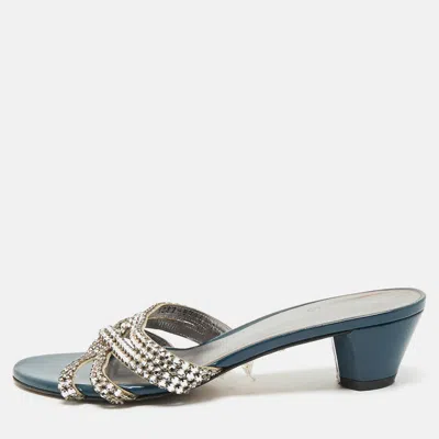 Pre-owned Gina Blue//silver Patent Leather Crystal Embellished Slides Sandals Size 38.5