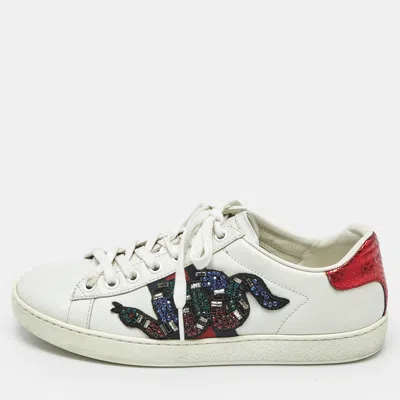 Pre-owned Gucci White Leather Snake Embellished Web Ace Low Top Sneakers Size 36