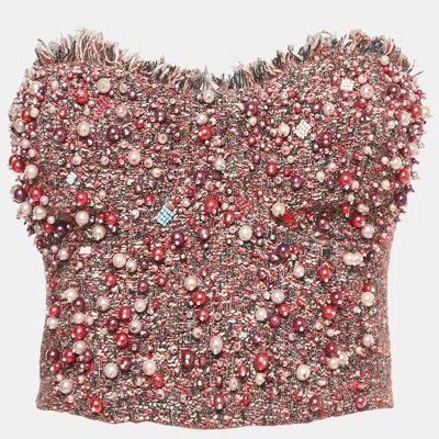 Pre-owned Elisabetta Franchi Pink Beaded Tweed Corset Top L