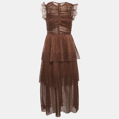 Pre-owned Self-portrait Brown Lace Ruffled Midi Dress S