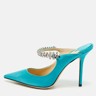 Pre-owned Jimmy Choo Tiffany Blue Satin Bing Mules Size 38.5