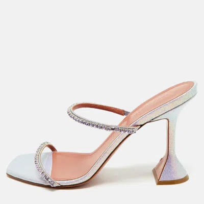 Pre-owned Amina Muaddi Lilac Glitter Patent Leather Gilda Crystals Slide Sandals Size 40.5