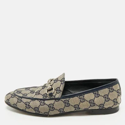Pre-owned Gucci Beige/blue Gg Canvas And Leather Jordaan Horsebit Loafers Size 38