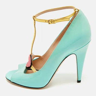 Pre-owned Gucci Light Turquoise Patent Leather Molina Peep Toe Pumps Size 38 In Blue