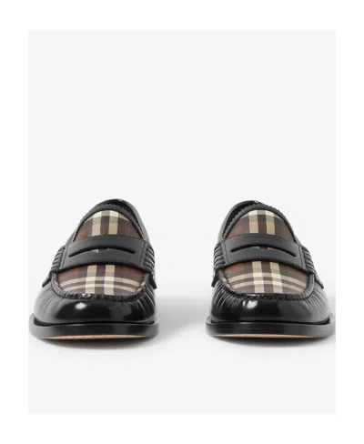 Burberry Checked Panel Leather Loafers In Black