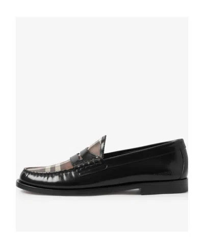 Burberry Checked Panel Leather Loafers In Black