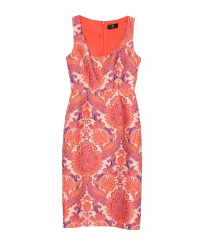 Etro Sleeveless Brocade Sheath Dress In Orange