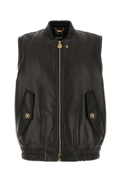 Versace Leather Jacket With Elasticated Hem And Front Pockets In Black