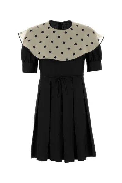 Valentino Silk Mini Dress With Pleated Skirt And Polka Dot Collar In Black
