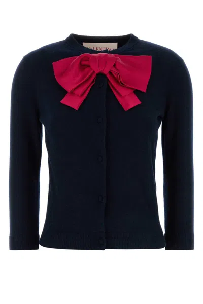 Valentino Wool Cardigan With Ribbed Cuffs And Bow Detail In Blue