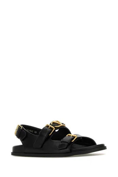 Valentino Leather Sandals With Flat Sole And Gold-tone Hardware In Black