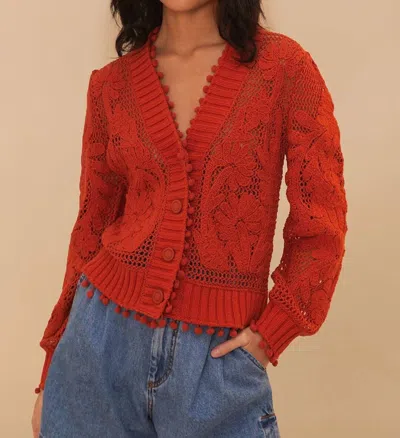 Farm Rio Floral Knit Cardigan In Orange In Red