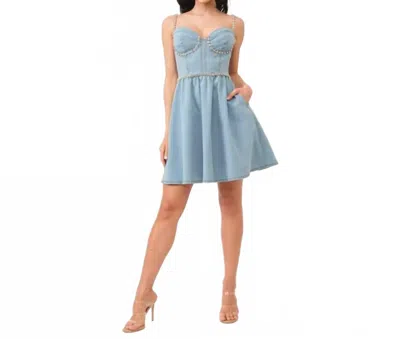 Tea & Cup Skater Style Denim Mini Dress With Rhinestone Embellishment In Light Blue