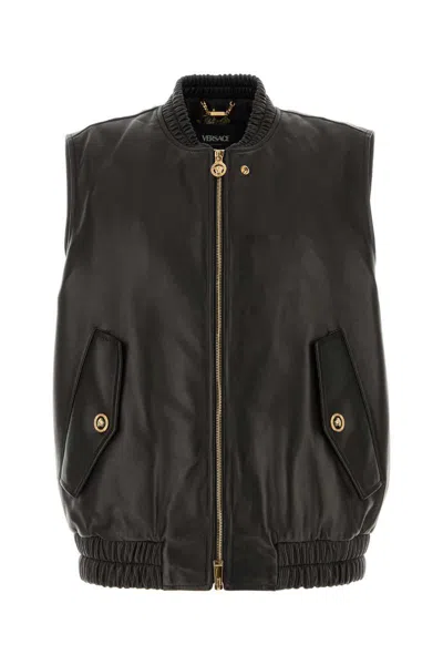 Versace Leather Jacket With Elasticated Hem And Front Pockets