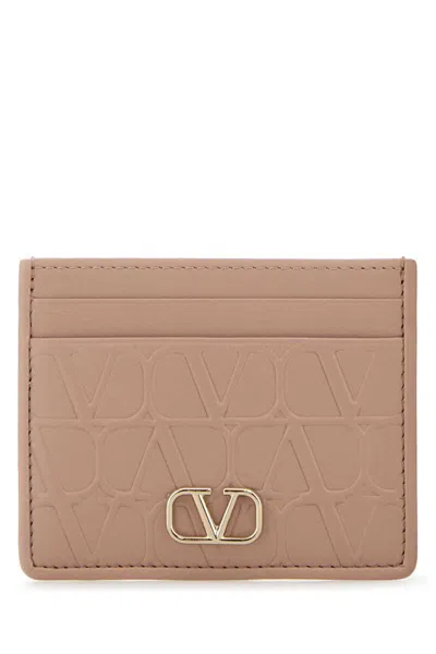 Valentino Powder Pink Leather Vlogo Card Holder In Brown