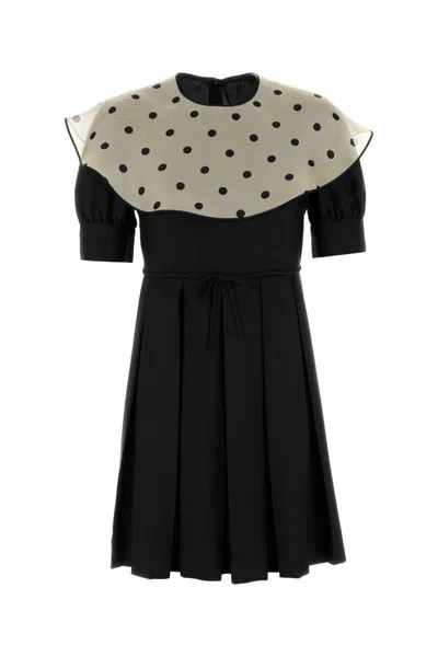 Valentino Silk Mini Dress With Pleated Skirt And Polka Dot Collar In Black