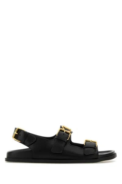 Valentino Leather Sandals With Flat Sole And Gold-tone Hardware In Black