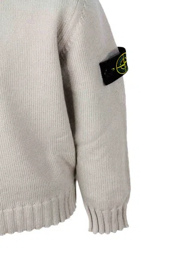 Stone Island Long-sleeved Round-neck Sweater In Warm Cotton With Badge On The Left Sleeve In Neutral