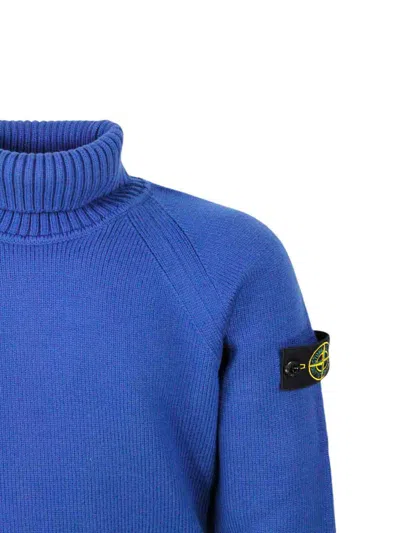Stone Island Long-sleeved Turtleneck Sweater In Warm Stretch Cotton With Badge On The Left Sleeve In Blue