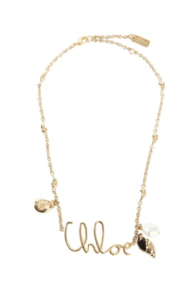 Chloé Gold Colored Necklace With Logo Lettering In Brass Woman In Multicolor