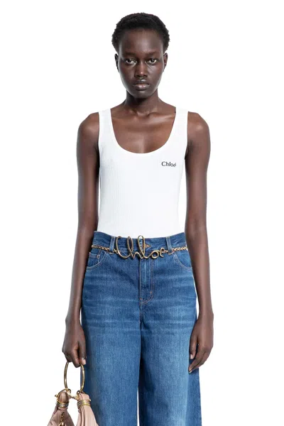 Chloé Logo Ribbed Cotton Jersey Tank Top In White