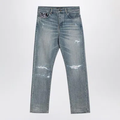 Amiri Light Blue Jeans With Rips And Bandana Detail In Denim Man