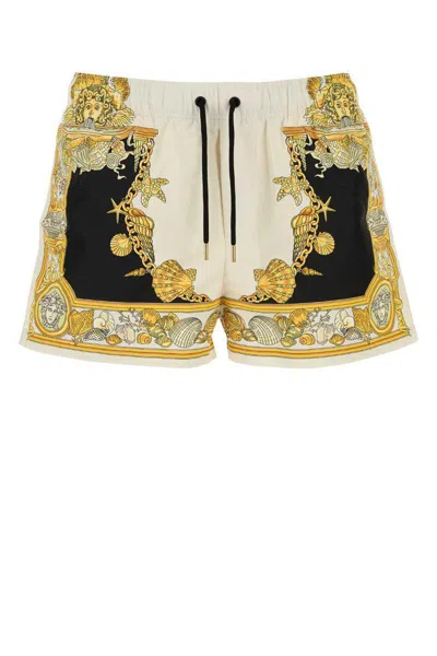 Versace Mid-length Swim Shorts With Decorative Print And Elastic Waistband In Multi