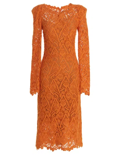 Ermanno Scervino Sheer Geometric Lace Dress With Long Sleeves In Orange