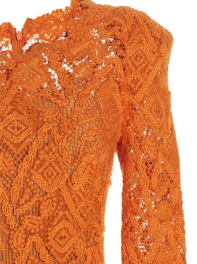 Ermanno Scervino Sheer Geometric Lace Dress With Long Sleeves In Orange