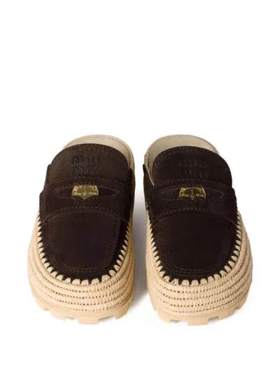 Miu Miu Suede And Raffia Flat Mules In Multi