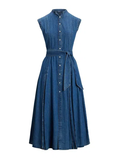 Polo Ralph Lauren Womens Indigo Belted Sleeveless Denim Midi Dress In Blue