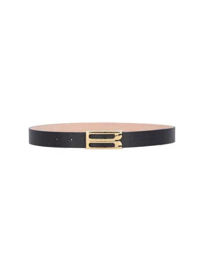Victoria Beckham Textured Black Belt With Gold-tone Buckle In Black