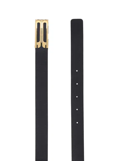 Victoria Beckham Textured Black Belt With Gold-tone Buckle In Black