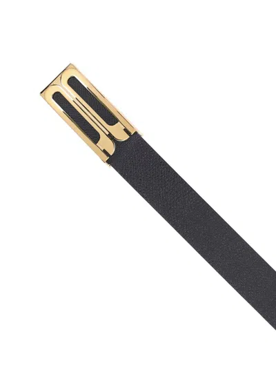 Victoria Beckham Textured Black Belt With Gold-tone Buckle In Black