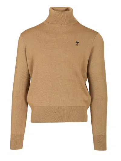 Ami Alexandre Mattiussi Brown Wool Ami De Coeur Turtle Neck Sweater Brown In Brown