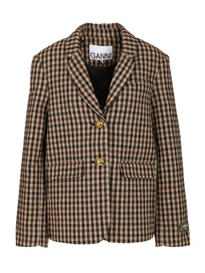 Ganni Check Wool Mix Oversized Blazer Jackets Brown In Multi