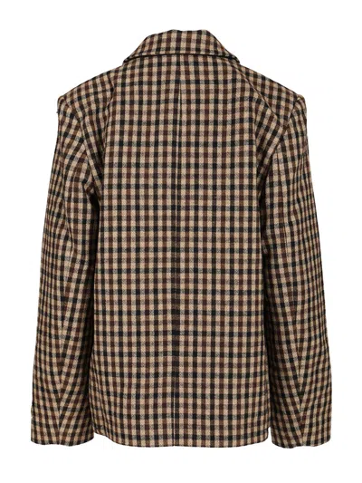 Ganni Check Wool Mix Oversized Blazer Jackets Brown In Multi