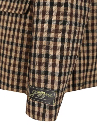 Ganni Check Wool Mix Oversized Blazer Jackets Brown In Multi