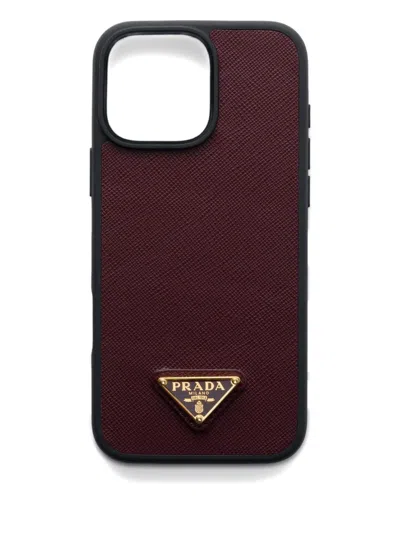 Prada Saffiano Leather Case For Iphone 16 Pro Max In Burgundy