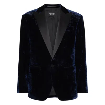 Dsquared2 Velvet Blazer With Front Pockets And Notch Lapel In Blue