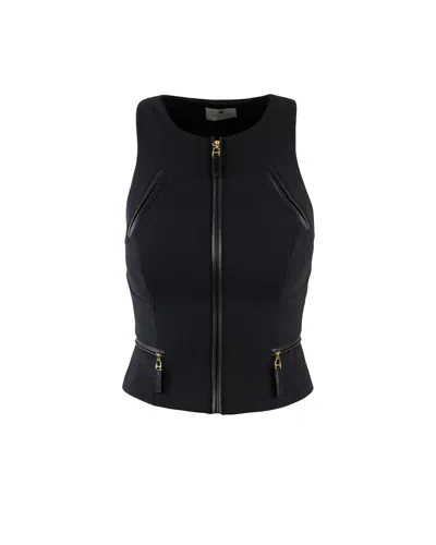 Elisabetta Franchi Double Crepe Top With Black Zip Details In Black