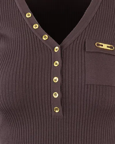 Elisabetta Franchi Burgundy Ribbed Sweater With Pocket In Brown