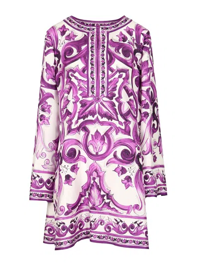 Dolce & Gabbana Majolica Silk Twill Long-sleeve Mini Shift Dress In Multi