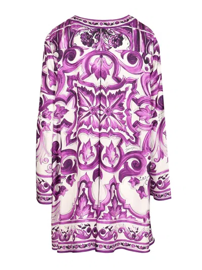 Dolce & Gabbana Majolica Silk Twill Long-sleeve Mini Shift Dress In Multi
