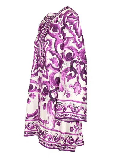 Dolce & Gabbana Majolica Silk Twill Long-sleeve Mini Shift Dress In Multi