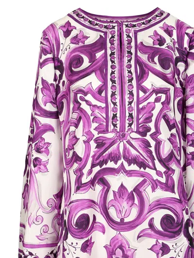 Dolce & Gabbana Majolica Silk Twill Long-sleeve Mini Shift Dress In Multi