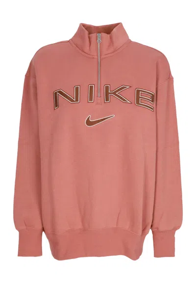 Nike Women's W Sportswear Phoenix Fleece Oversized Logo Quarter Zip Crewneck Canyon Pink/lt Orewood Brn/r