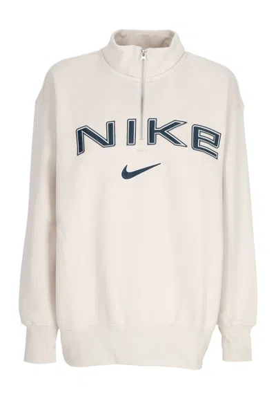 Nike Women's High Collar W Sportswear Phoenix Fleece Oversized Logo Quarter Zip Crewneck Lt Orewood Brn/w